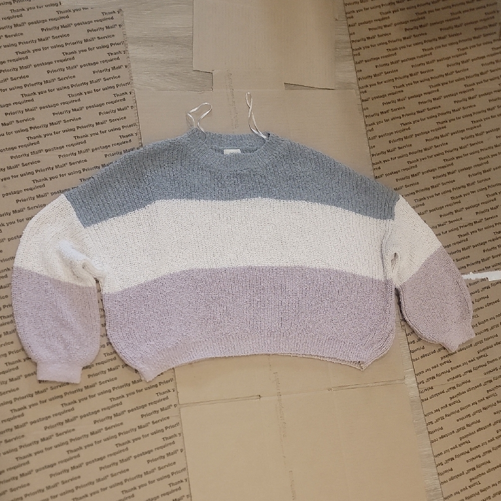 Debut Women's Striped Sweater in Gray, Cream, and Purple